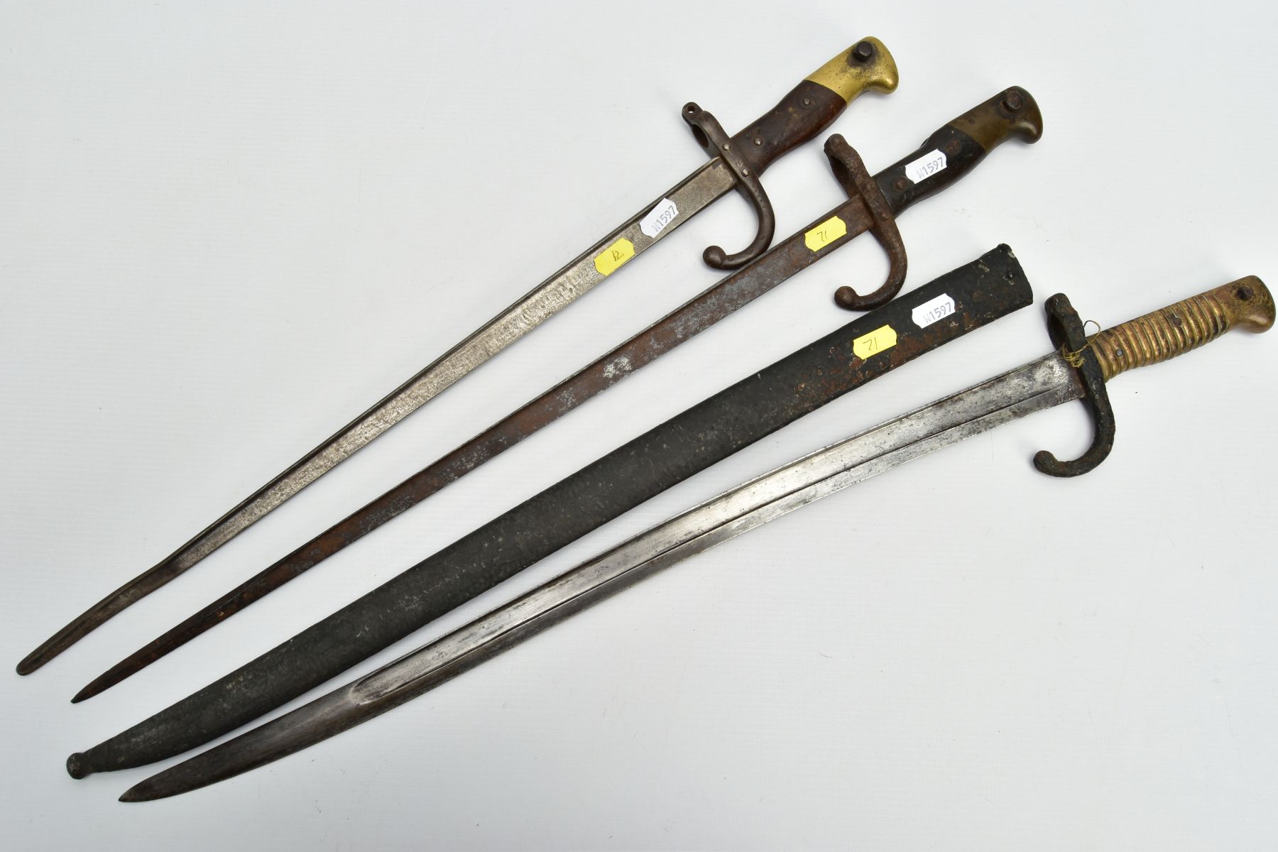 THREE VICTORIAN FRENCH BAYONETS AS FOLLOWS, a 1870 pattern Chassepot Bayonet and scabbard, Usual - Image 5 of 9