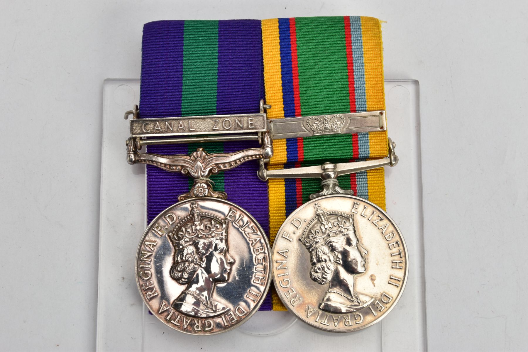 GENERAL SERVICE(CANAL ZONE BAR) & CADET FORCES MEDAL PAIR, on a jacket pocket wearing slide, GSM