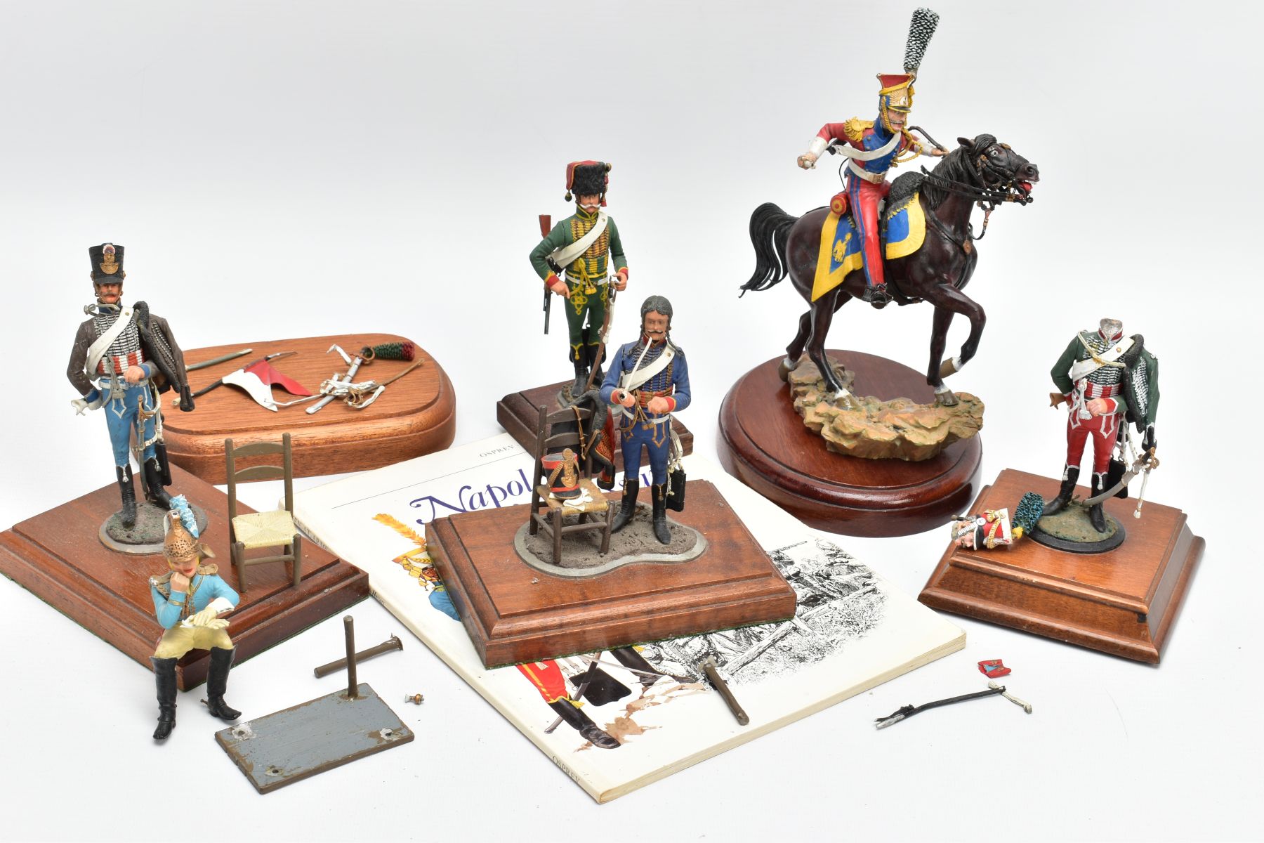 A SMALL COLLECTION OF NAPOLEONIC ERA METAL MILTARY FIGURES, with one horse, several wooden