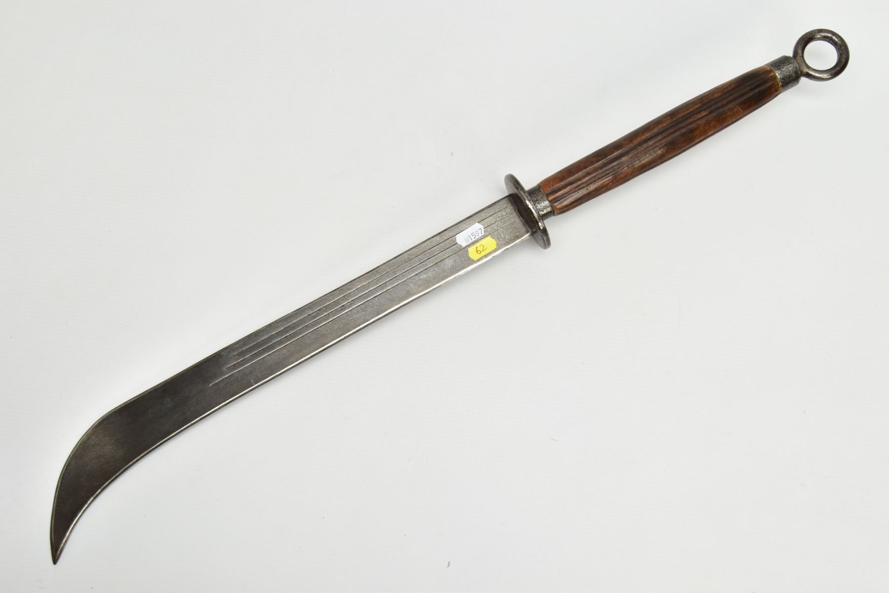 A BELIEVED ORIENTAL(CHINESE) double handed short sword, broad curved blade approximately 48cm wooden - Image 6 of 7