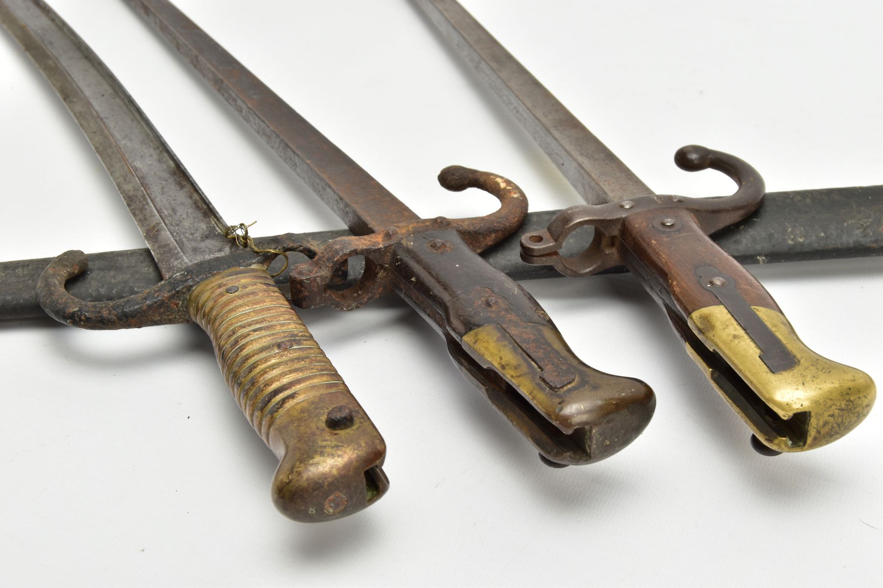 THREE VICTORIAN FRENCH BAYONETS AS FOLLOWS, a 1870 pattern Chassepot Bayonet and scabbard, Usual - Image 8 of 9