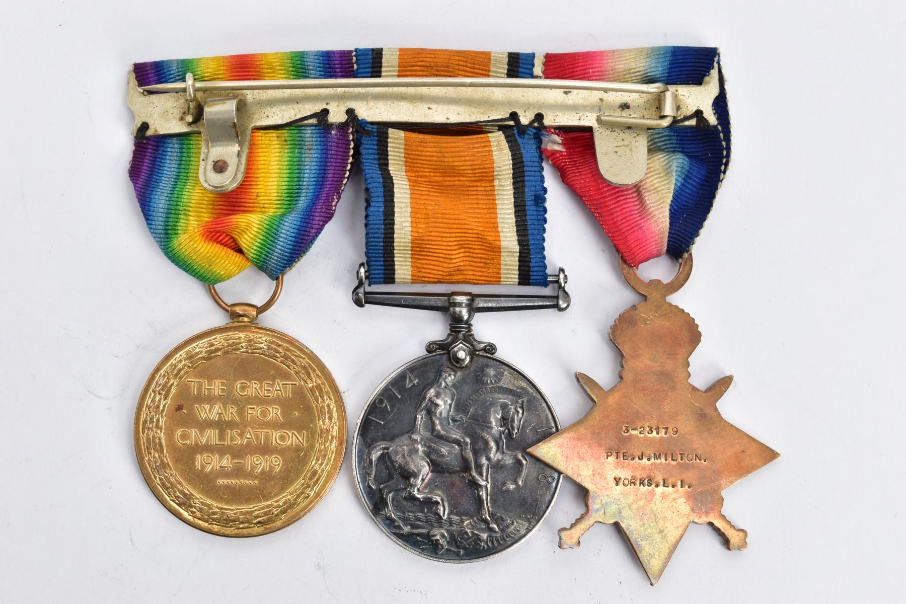 A WORLD WAR ONE TRIO OF MEDALS, including 1914-15 Star, BWM & Victory, named 3-23179 Pte J Milton - Image 2 of 4