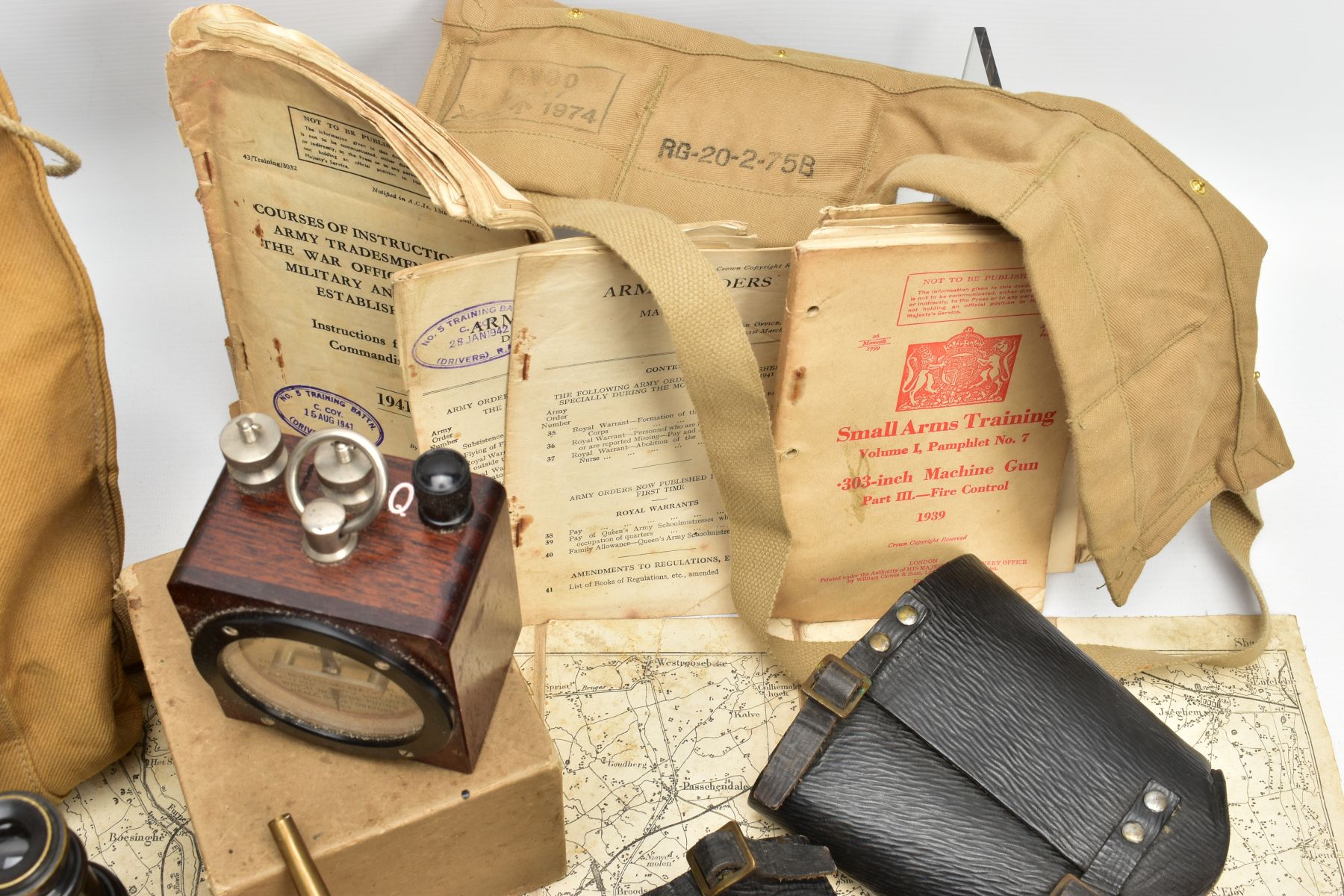 A BOX CONTAINING WWII/POST WWII field equipment, namely a shoulder bag with lots of military - Image 5 of 7