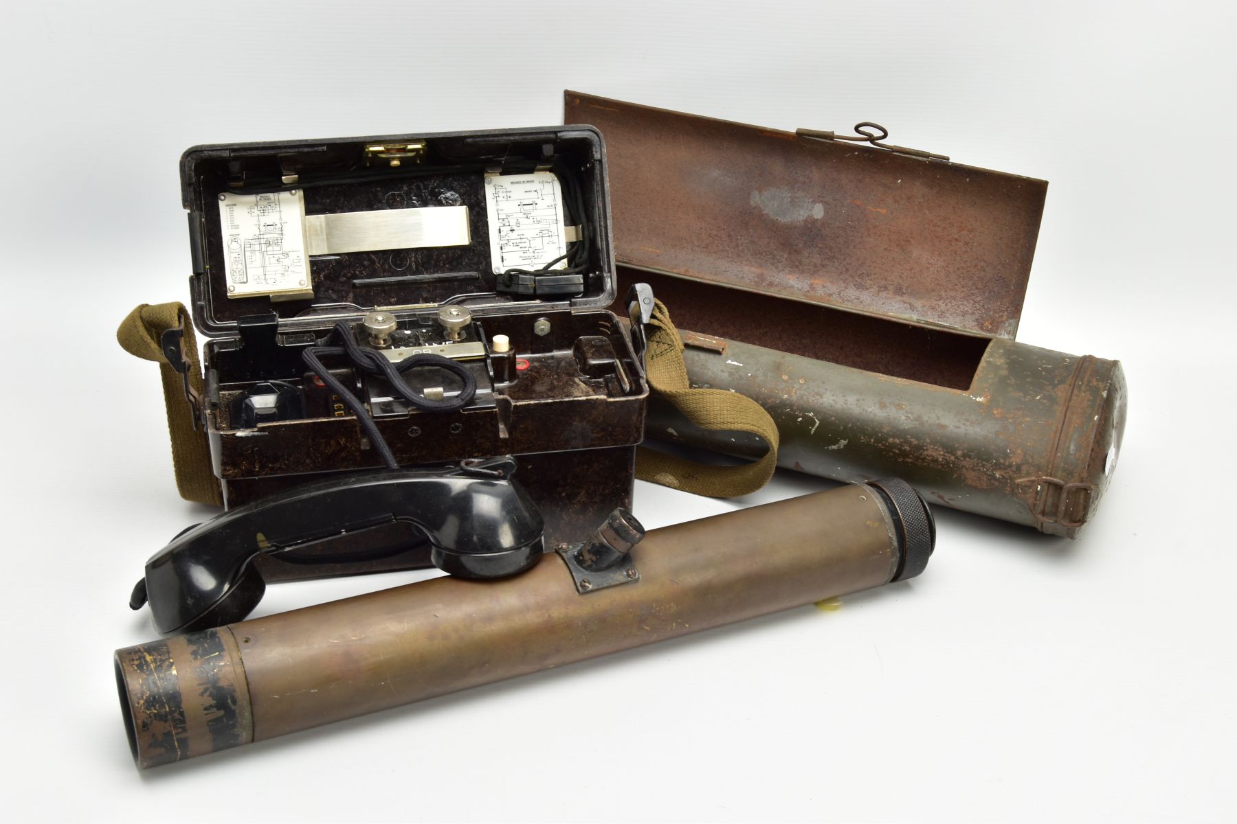 THREE MILITARY ITEMS AS FOLLOWS, A GERMAN MADE FIELD TELEPHONE POST WW2 by Standard Elektrik,