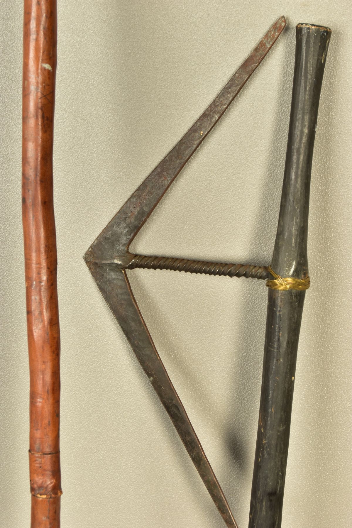 TWO PIECES OF POSSIBLY AFRICAN TRIBAL WEAPONRY, mainly wooden construction with metal parts added, - Image 6 of 9