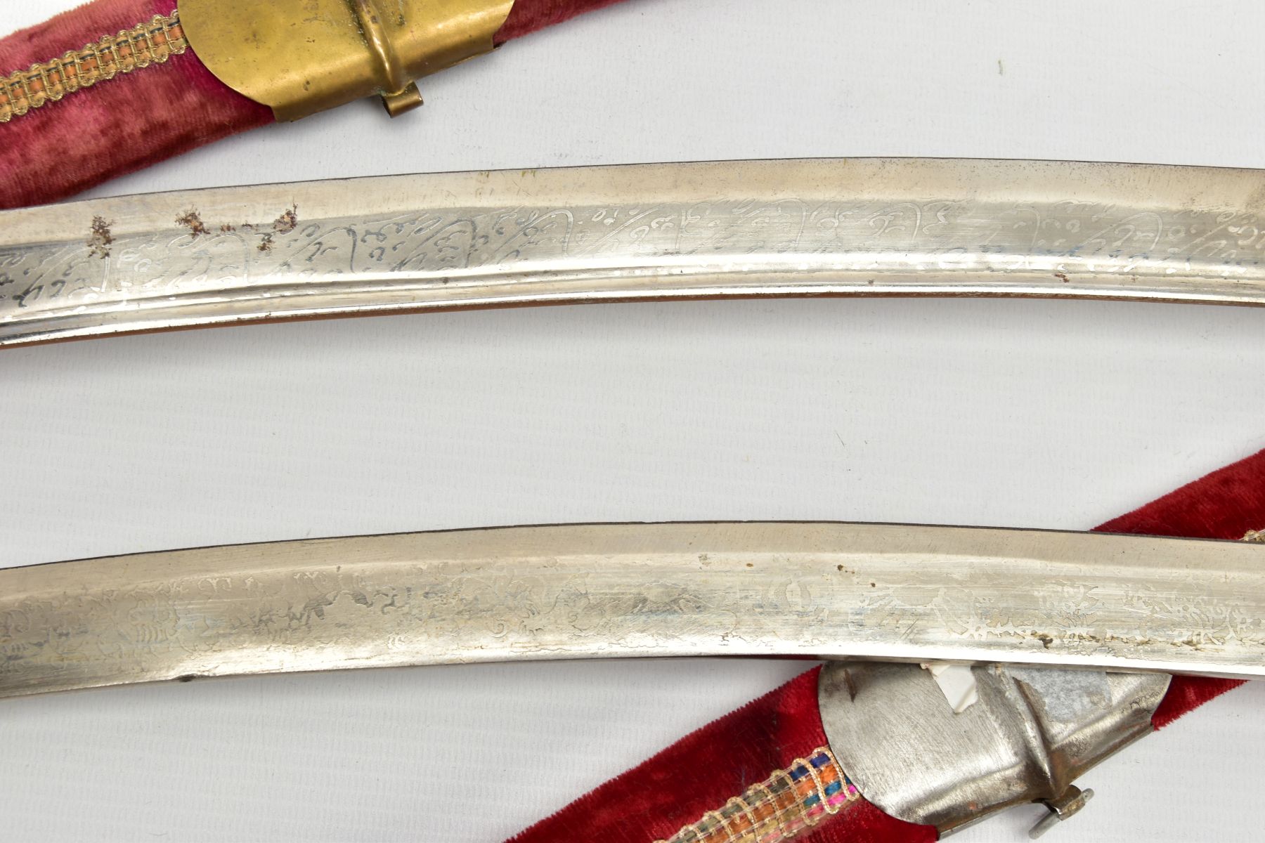 TWO ASIAN/INDIAN TOURIST STYLE CURVED SWORDS in wooden and suede scabbards, one id marked made in - Image 8 of 13