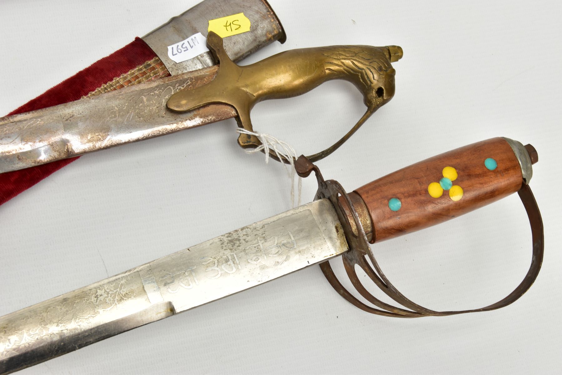 TWO ASIAN/INDIAN TOURIST STYLE CURVED SWORDS in wooden and suede scabbards, one id marked made in - Image 10 of 13