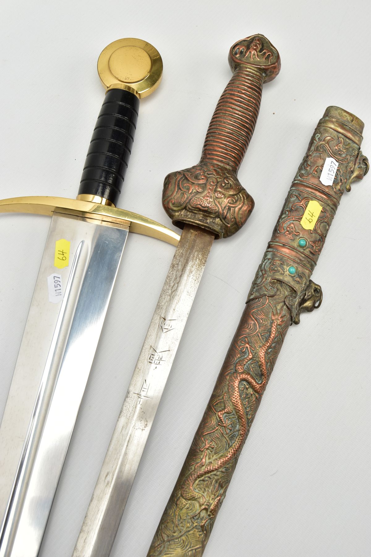 TWO SWORDS one being a modern replica, an Oriental? possibly Chinese, very ornate scabbard, inlaid - Image 9 of 11
