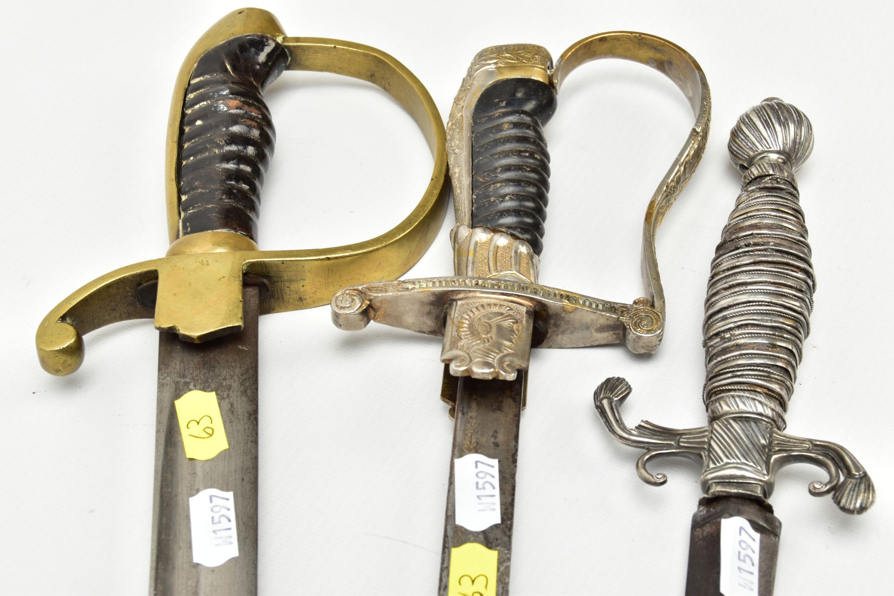 THREE SWORDS BELIEVED 19TH Century, a white metal ornate grip and cross guard blade tip broken, - Image 11 of 12