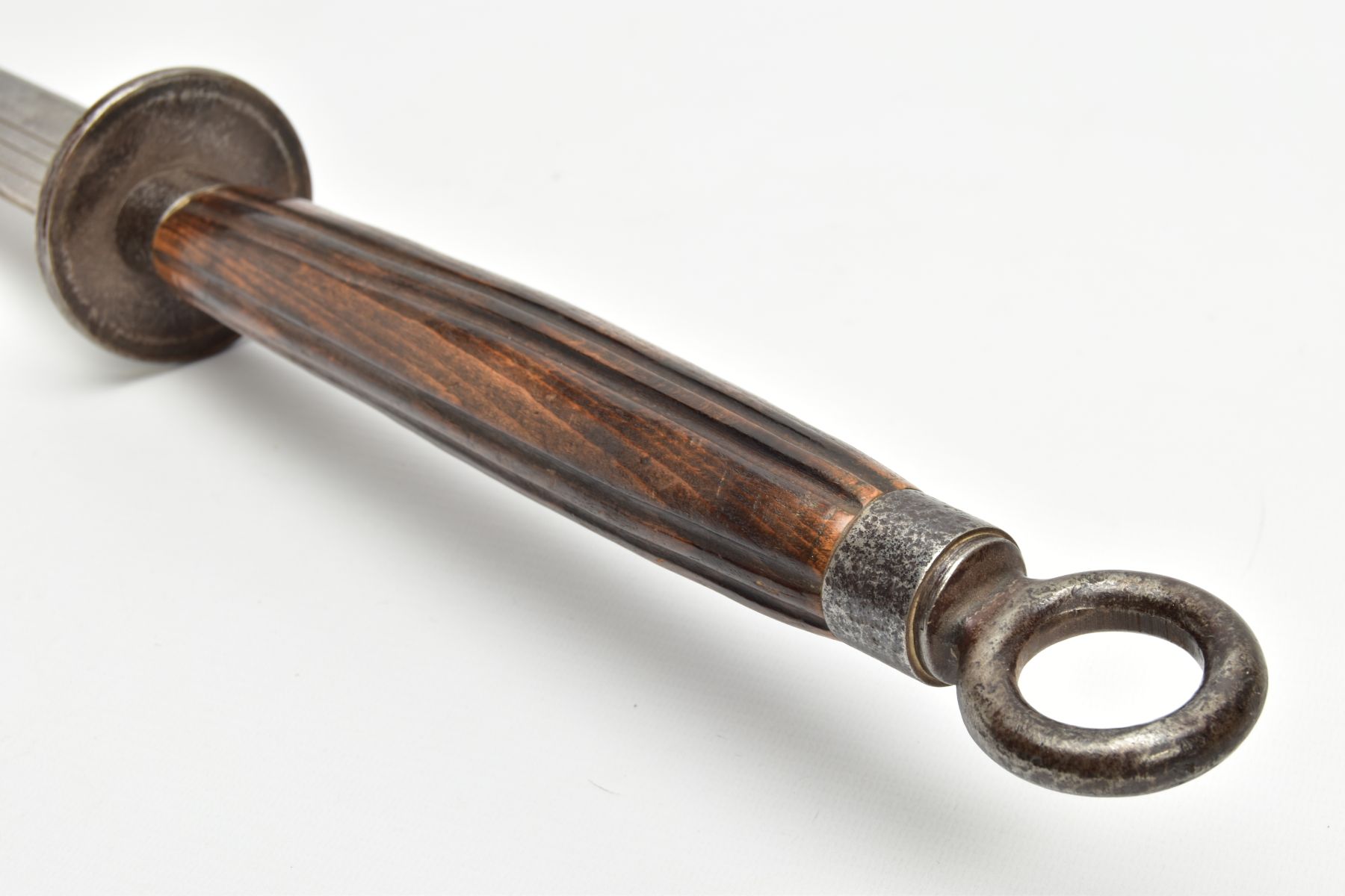 A BELIEVED ORIENTAL(CHINESE) double handed short sword, broad curved blade approximately 48cm wooden - Image 5 of 7