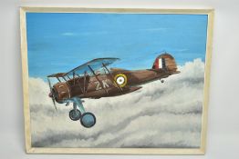 A LARGE OIL ON BOARD FRAMED PAINTING OF A BRITISH WW1 ERA BI-PLANE, the Aircraft is marked ZK