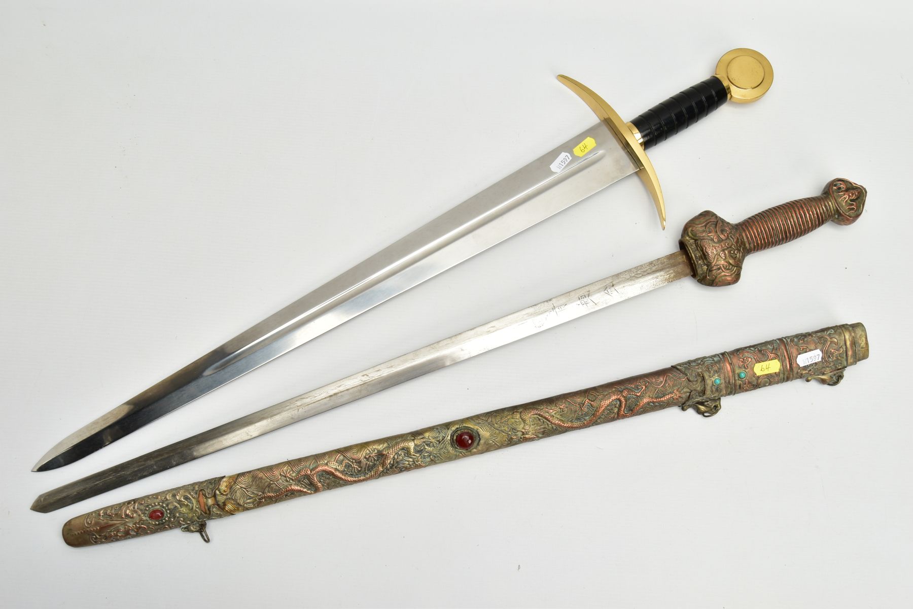 TWO SWORDS one being a modern replica, an Oriental? possibly Chinese, very ornate scabbard, inlaid - Image 7 of 11