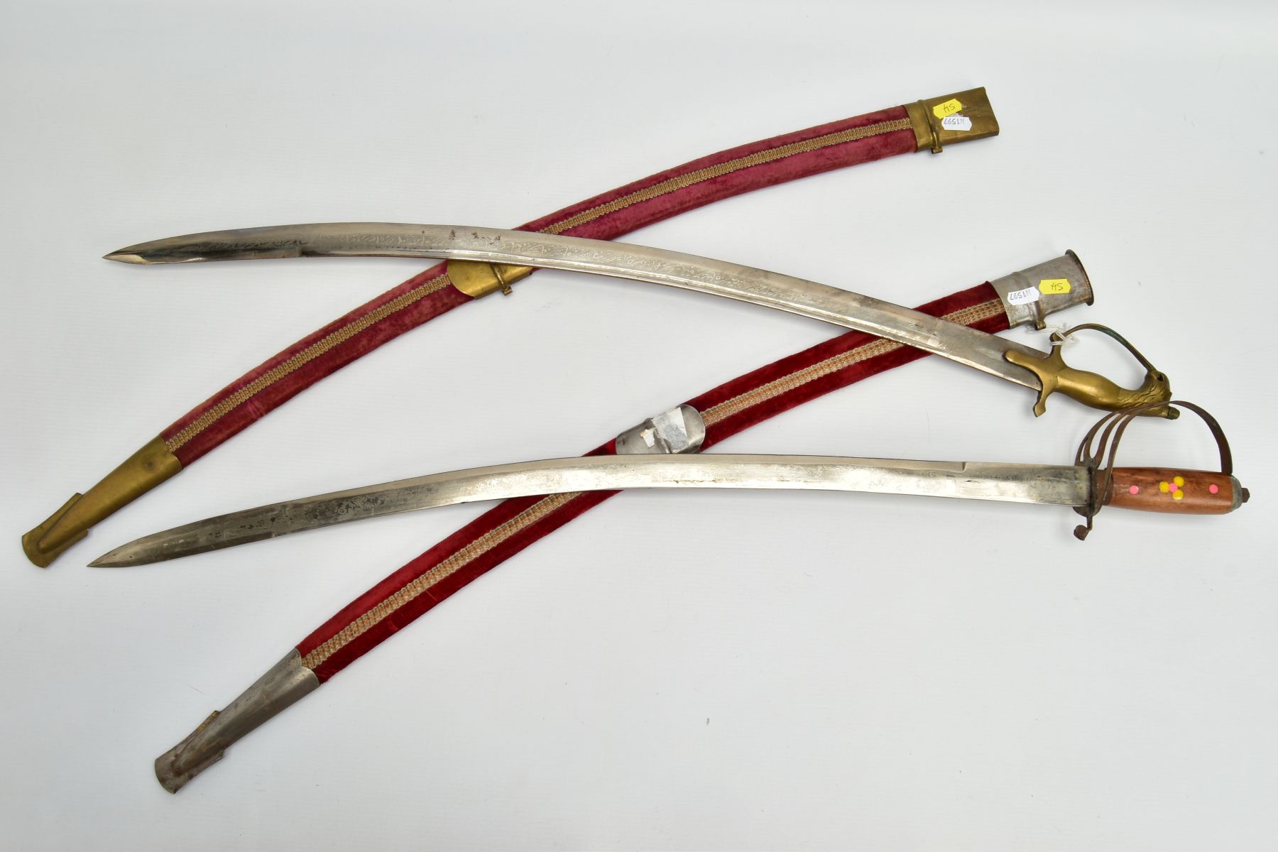 TWO ASIAN/INDIAN TOURIST STYLE CURVED SWORDS in wooden and suede scabbards, one id marked made in - Image 5 of 13