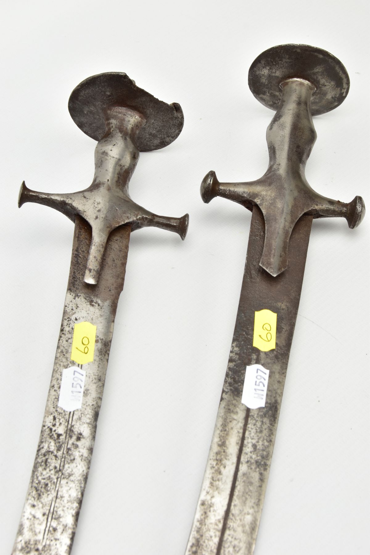 A PAIR OF TALWAR SWORDS, blade length approximately 70cm & 67cm, single fullered, no other - Image 7 of 10