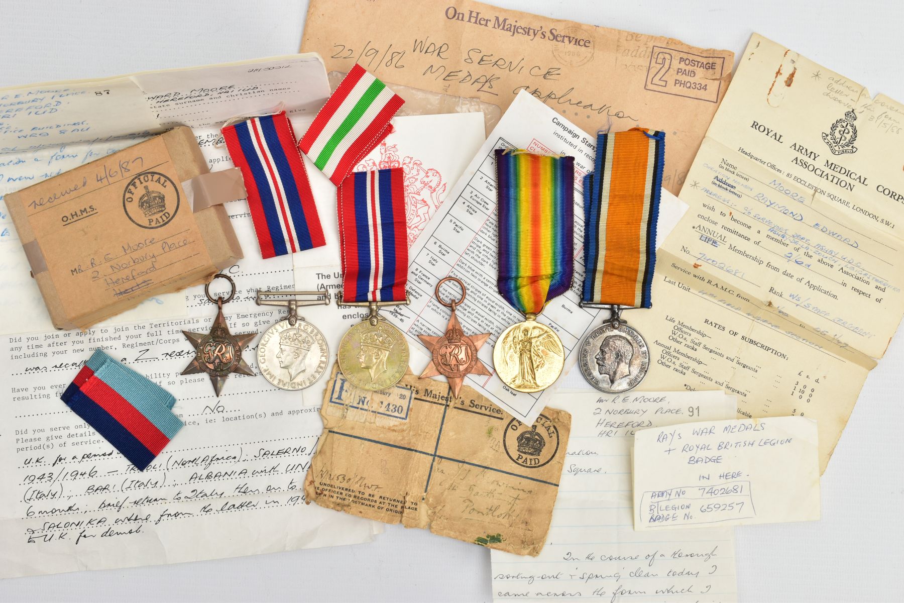 TWO GROUPS OF MEDALS, as follows, British War & Victory medals, named 49513 Pte J.S.Browning,