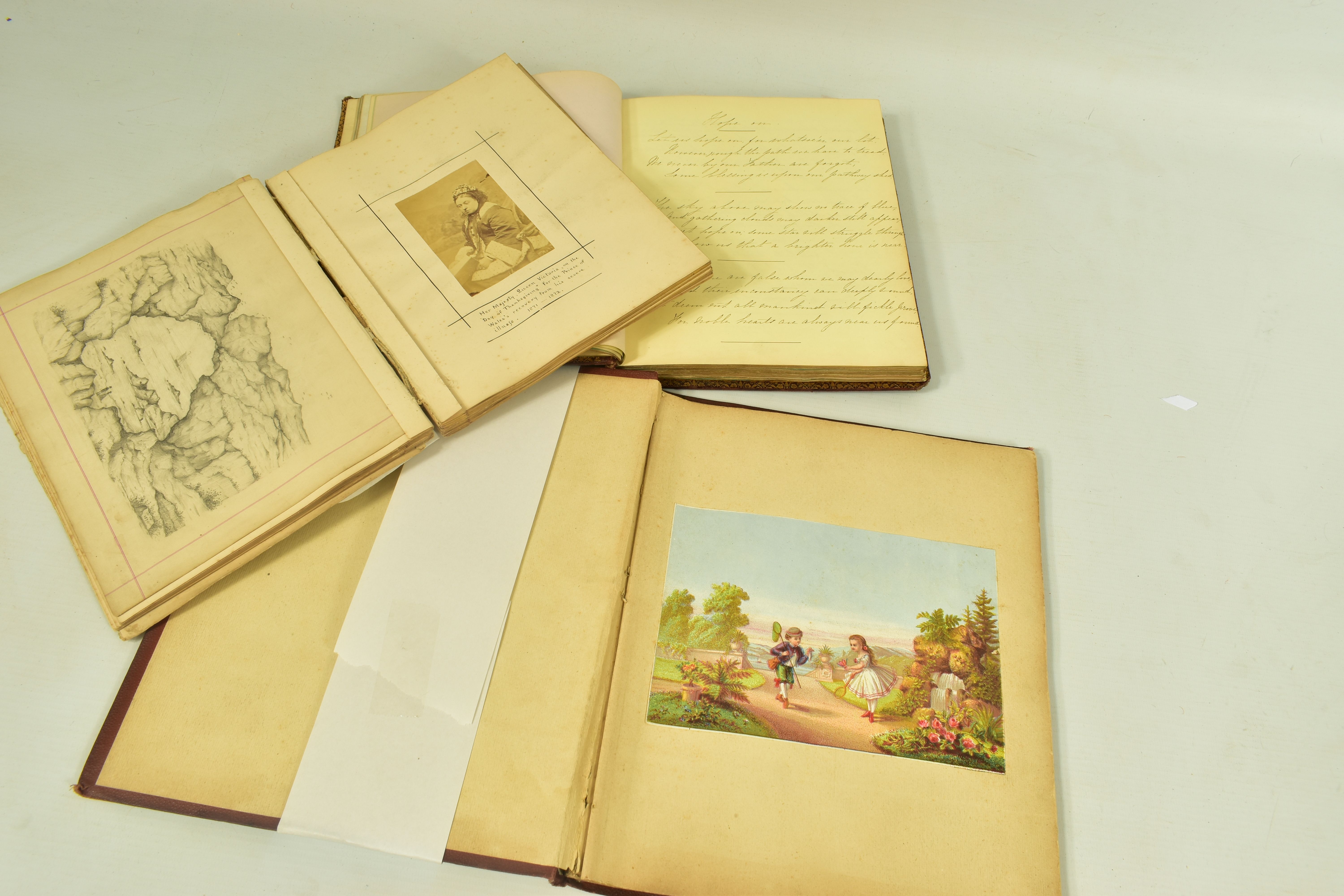 VICTORIAN SCRAPBOOKS, three Victorian Scrapbooks featuring pressed flowers, artwork, observations,