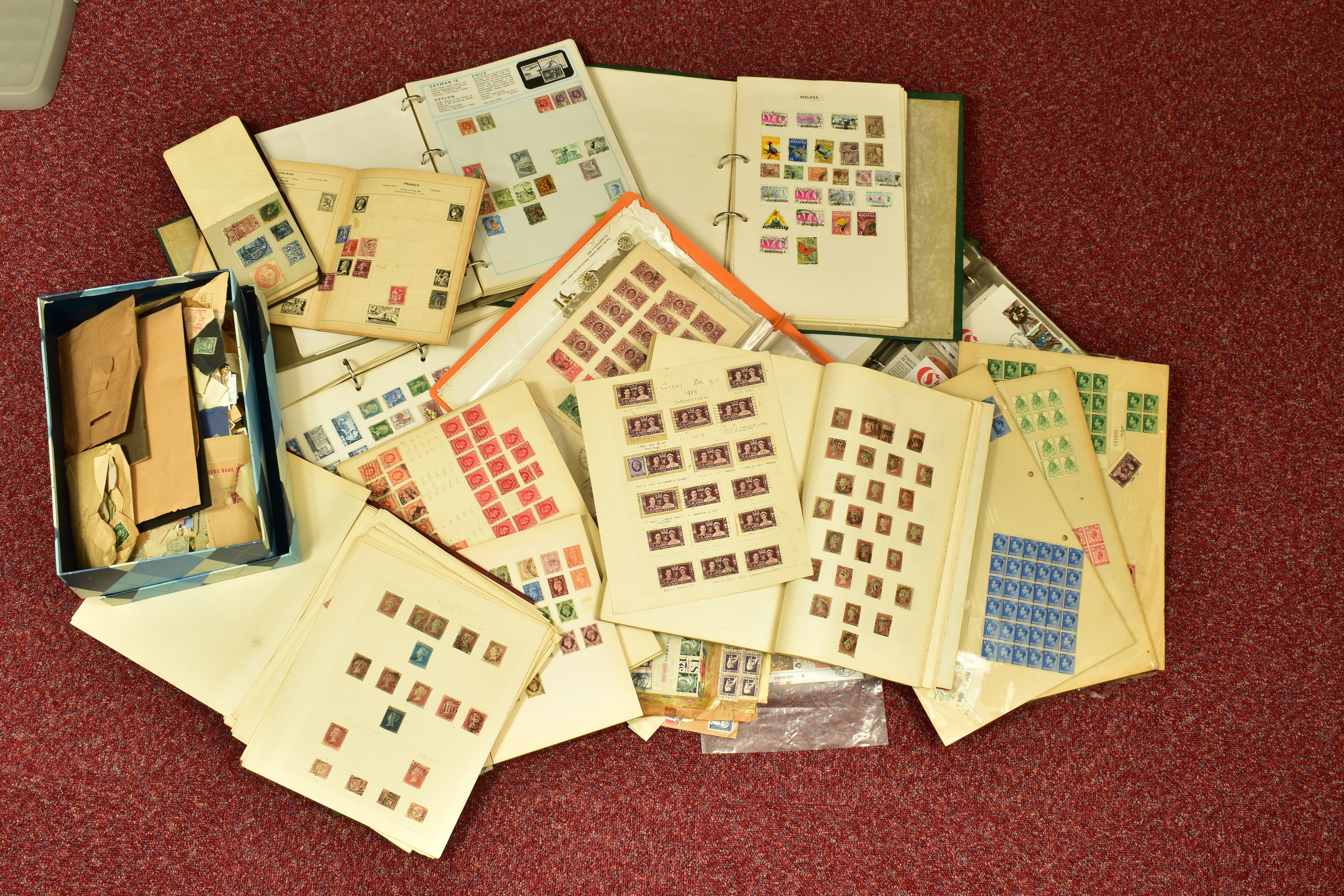 LARGE COLLECTION OF STAMPS IN A BOX, with various albums and loose, we note GB collection from early