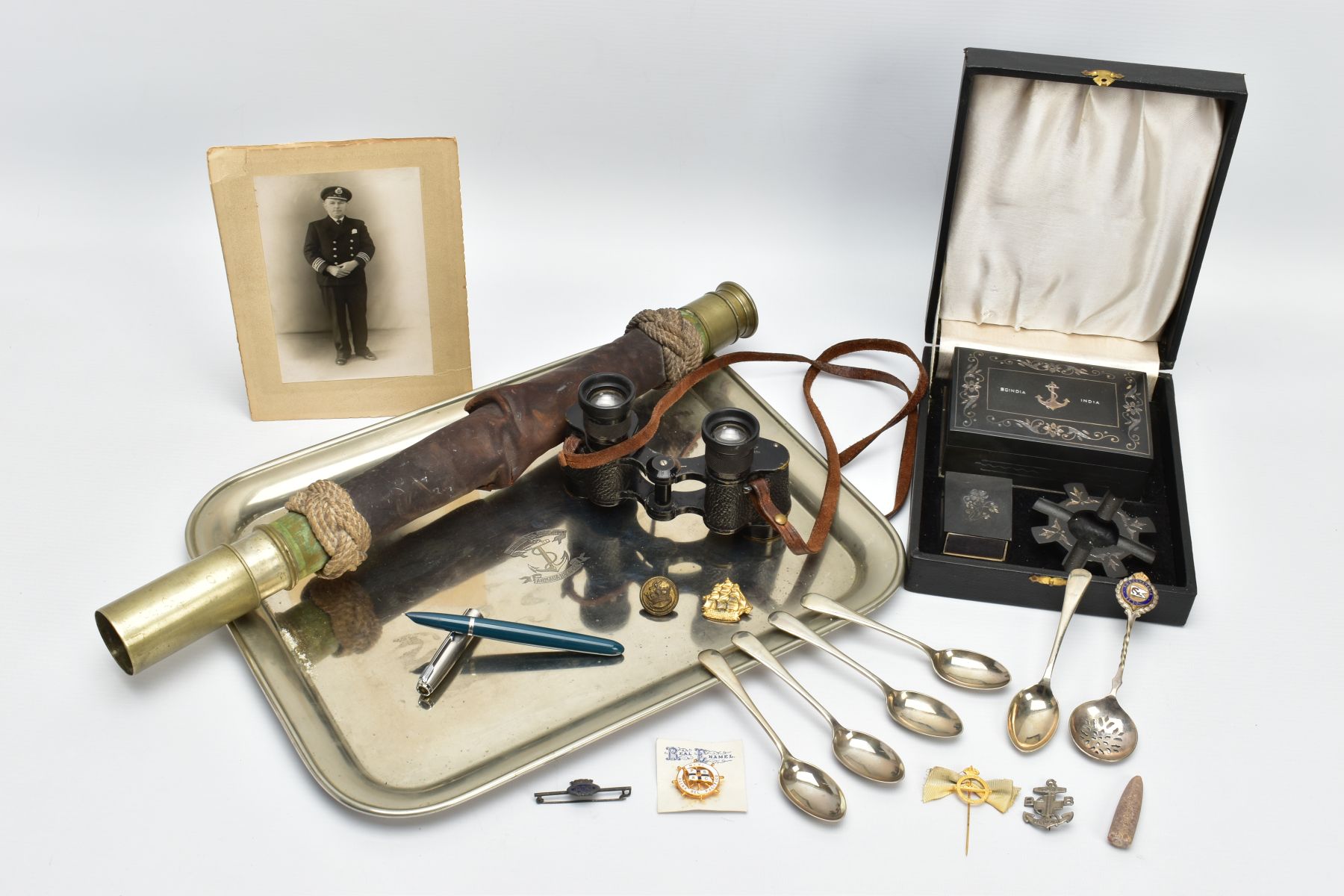 AN ACCUMULATION OF MERCHANT NAVY ITEMS, as follows, large Mappin and Webb Tray with Anchor logo in