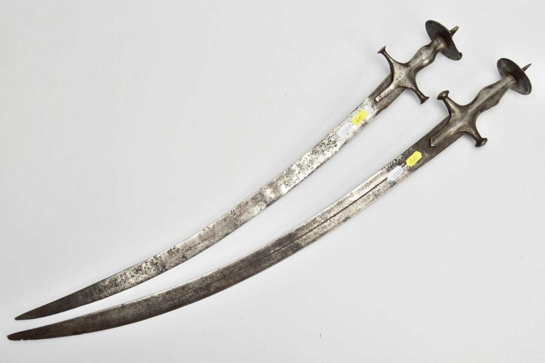 A PAIR OF TALWAR SWORDS, blade length approximately 70cm & 67cm, single fullered, no other - Image 6 of 10