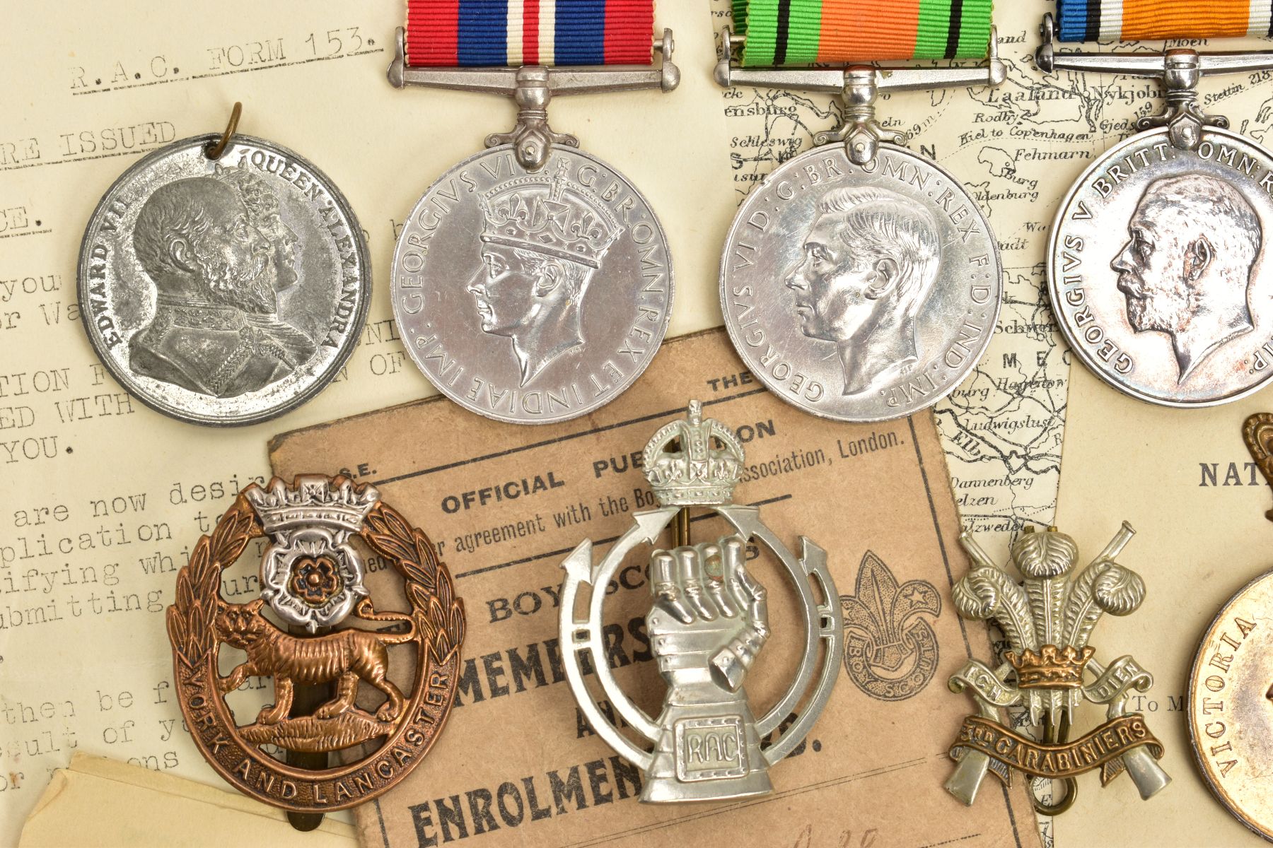 A BOX CONTAINING WORLD WAR TWO MEDALS, CAP BADGES AND EPHEMERA, to include, 1939-45, Burma Stars, - Image 3 of 12