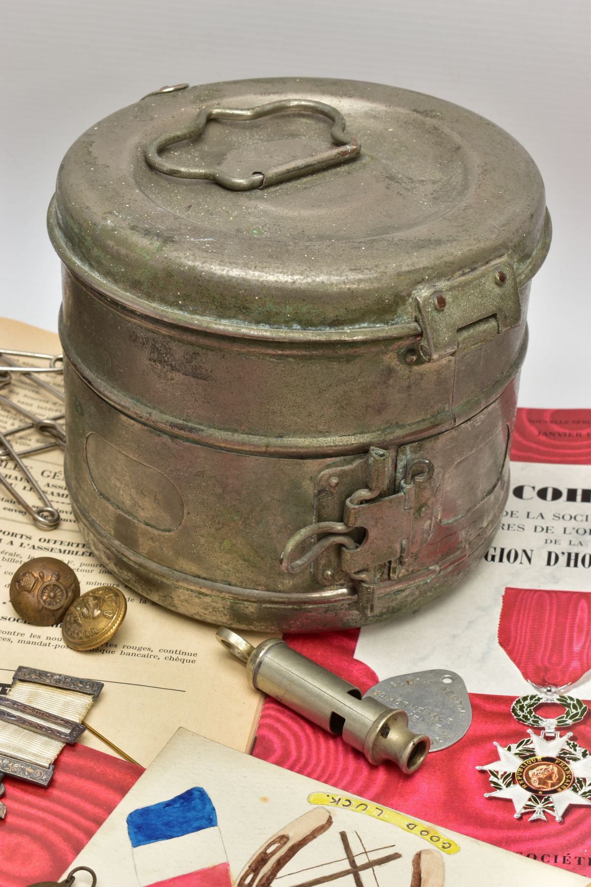 A LARGE BOX CONTAINING MILITARY ITEMS, as follows, Alloy mess tin base marked made in England, - Image 15 of 15