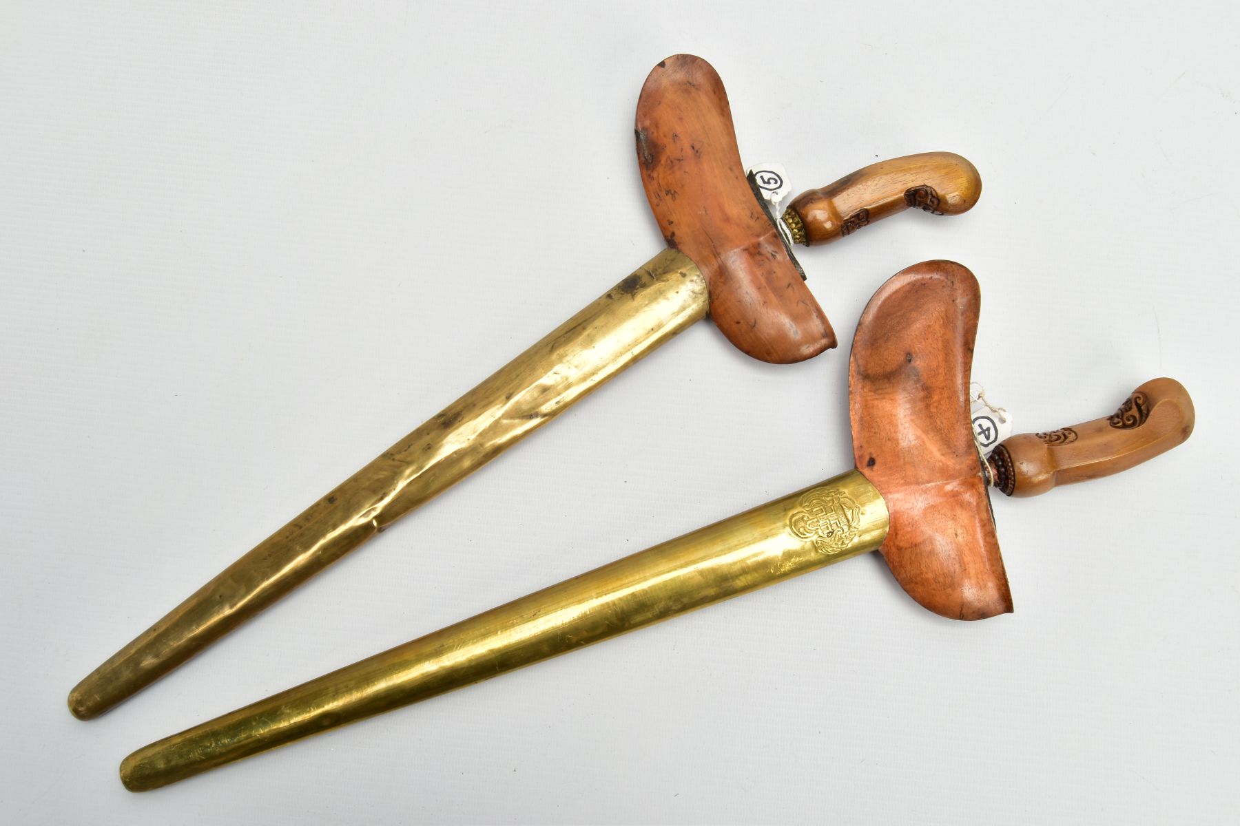TWO MALAY/INDONESIAN KRIS DAGGERS, possibly a pair, ornate metal sheaths(warangka) carved wooden - Image 2 of 9