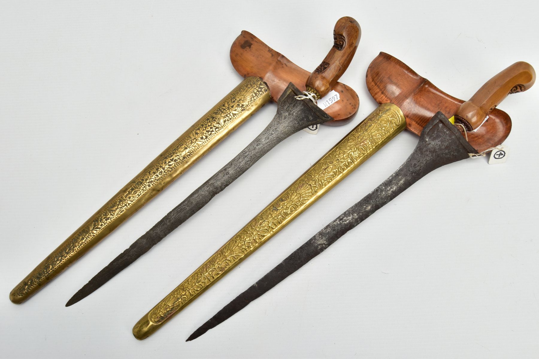 TWO MALAY/INDONESIAN KRIS DAGGERS, possibly a pair, ornate metal sheaths(warangka) carved wooden - Image 4 of 9