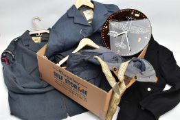 A BOX CONTAINING SEVERAL ITEMS OF ROYAL OBSERVER CORPS UNIFORM, to include jackets, trousers, blazer