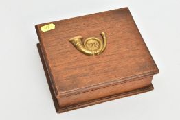 A NICELY MADE WOODEN BOX, APPROX 18x15x6cm, decorated to the lid with the Insignia in gold
