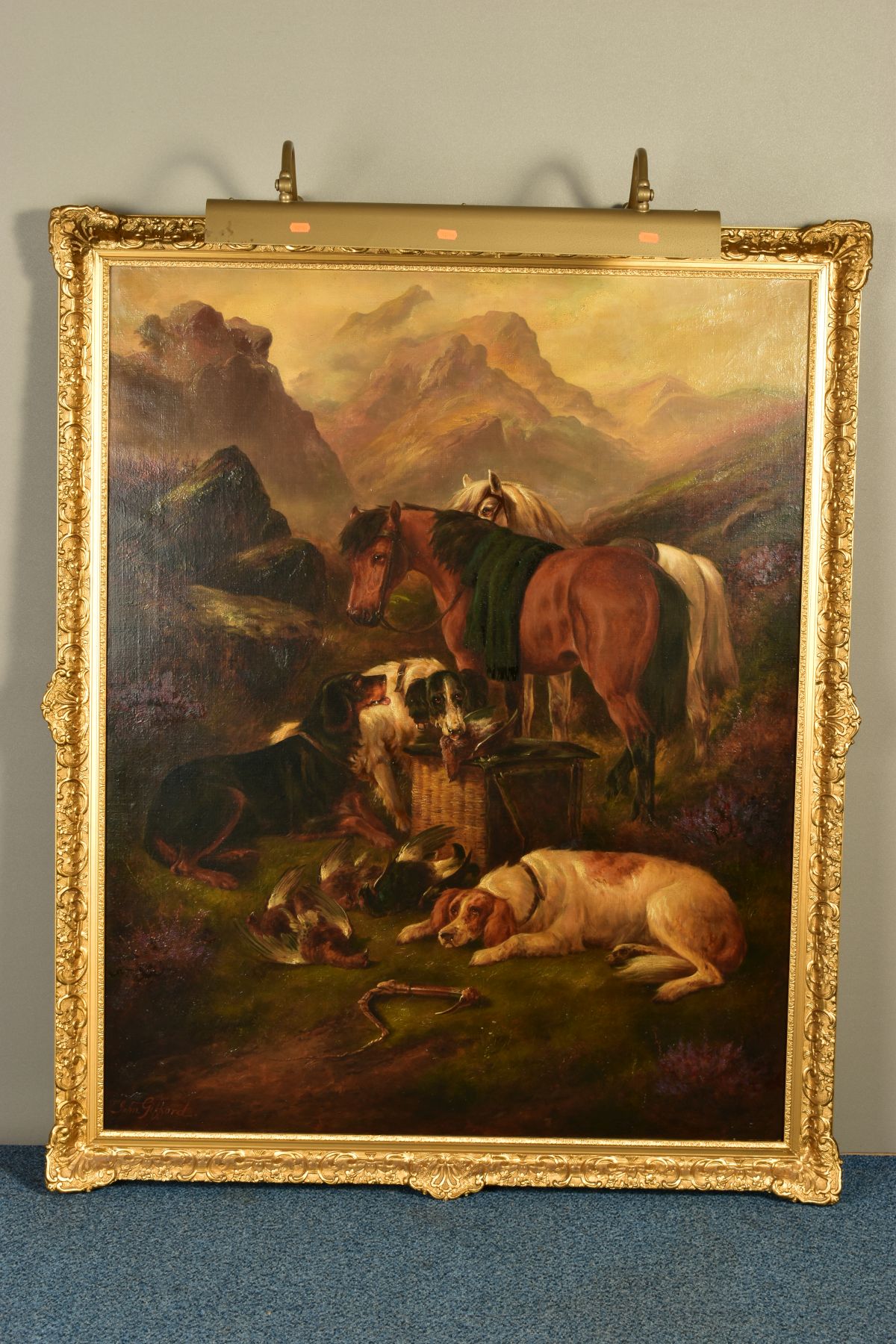 JOHN GIFFORD (19TH CENTURY), HUNTING DOGS AND HORSES AT REST WITHIN A MOUNTAINOUS LANDSCAPE,