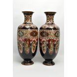 A PAIR OF EARLY 20TH CENTURY LARGE CLOISONNE BALUSTER VASES, flared circular rim and neck over a
