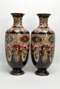 A PAIR OF EARLY 20TH CENTURY LARGE CLOISONNE BALUSTER VASES, flared circular rim and neck over a