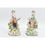 A PAIR OF BOW PORCELAIN FIGURES OF A SPORTSMAN AND HIS COMPANION, CIRCA 1765, he holding a gun to