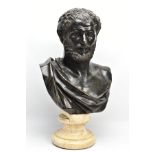 A LATE 19TH CENTURY HOLLOW CAST BRONZE BUST OF A CLASSICAL MALE ON A FAUX MARBLE PLINTH, the
