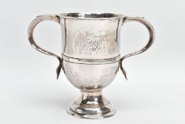 A GEORGE III SILVER TWIN HANDLED PEDESTAL LOVING CUP, S scroll handles, engraved monogram to the