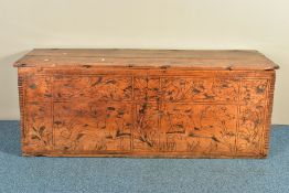 A 16TH/17TH CENTURY CEDARWOOD COFFER, constructed by finger joints to four corners, and decorated