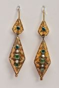 A PAIR OF LATE VICTORIAN GOLD GEM DROP EARRINGS, each of an elongated diamond shape outline, set