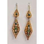 A PAIR OF LATE VICTORIAN GOLD GEM DROP EARRINGS, each of an elongated diamond shape outline, set