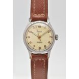 A STAINLESS STEEL HAND-WOUND ROLEX MARCONI WRISTWATCH, circa 1935, cream dial with Arabic