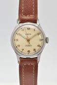 A STAINLESS STEEL HAND-WOUND ROLEX MARCONI WRISTWATCH, circa 1935, cream dial with Arabic