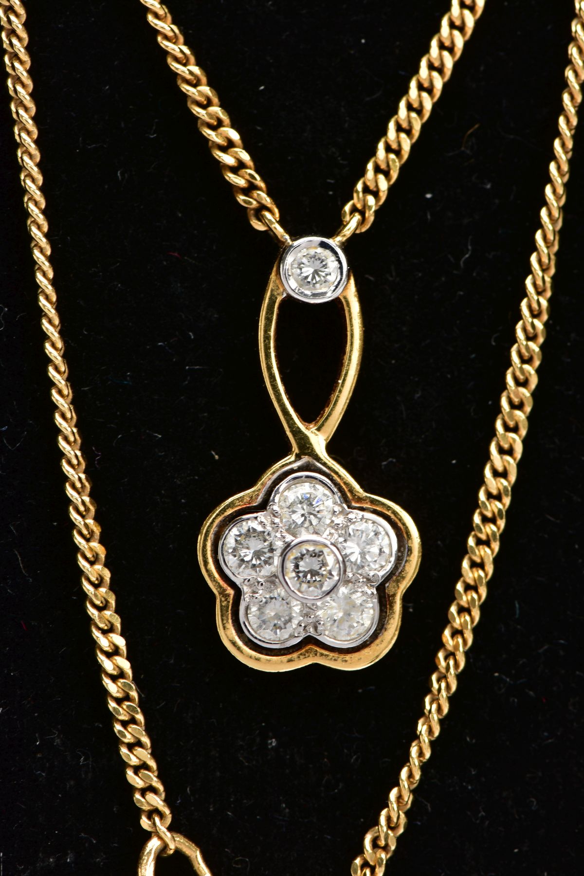 A MODERN 18CT GOLD DIAMOND CLUSTER DROP PENDANT AND CHAIN, a round flower cluster of brilliant cut - Image 2 of 6