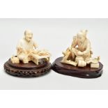 TWO JAPANESE MEIJI PERIOD IVORY OKIMONO, carved as a carpenter at work and the other a street food