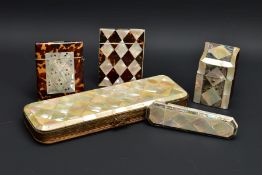 TWO VICTORIAN MOTHER OF PEARL AND TORTOISESHELL CARD CASES AND AN ETUI, A GLOVE CASE AND A