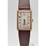 A 9CT HAND-WOUND RECTANGULAR WRISTWATCH, silvered dial with Arabic numerals, case width