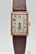 A 9CT HAND-WOUND RECTANGULAR WRISTWATCH, silvered dial with Arabic numerals, case width