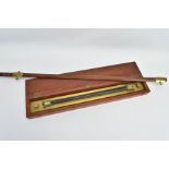 A LATE 19TH CENTURY MAHOGANY CASED BRASS AND BLACK LACQUERED PARALLEL ROLLING RULE, stamped 'R.