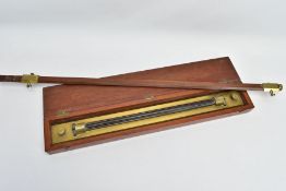 A LATE 19TH CENTURY MAHOGANY CASED BRASS AND BLACK LACQUERED PARALLEL ROLLING RULE, stamped 'R.