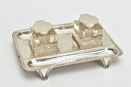 A GEORGE V SILVER DESK STAND, the rectangular stand with gadrooned rims, engraved 'June 1923'