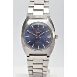 A STAINLESS STEEL ETERNA SONIC ELECTRONIC WRISTWATCH, round blue dial with white and silver baton