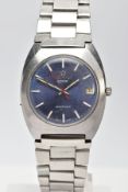 A STAINLESS STEEL ETERNA SONIC ELECTRONIC WRISTWATCH, round blue dial with white and silver baton